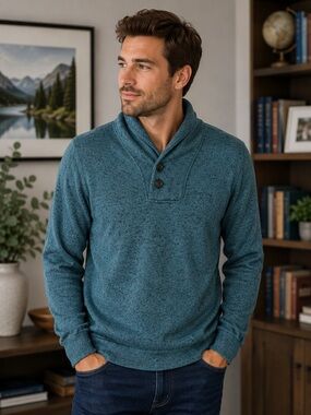 H2H Men’s Medium Teal Shawl Collar Sweater Button Neck Pullover
